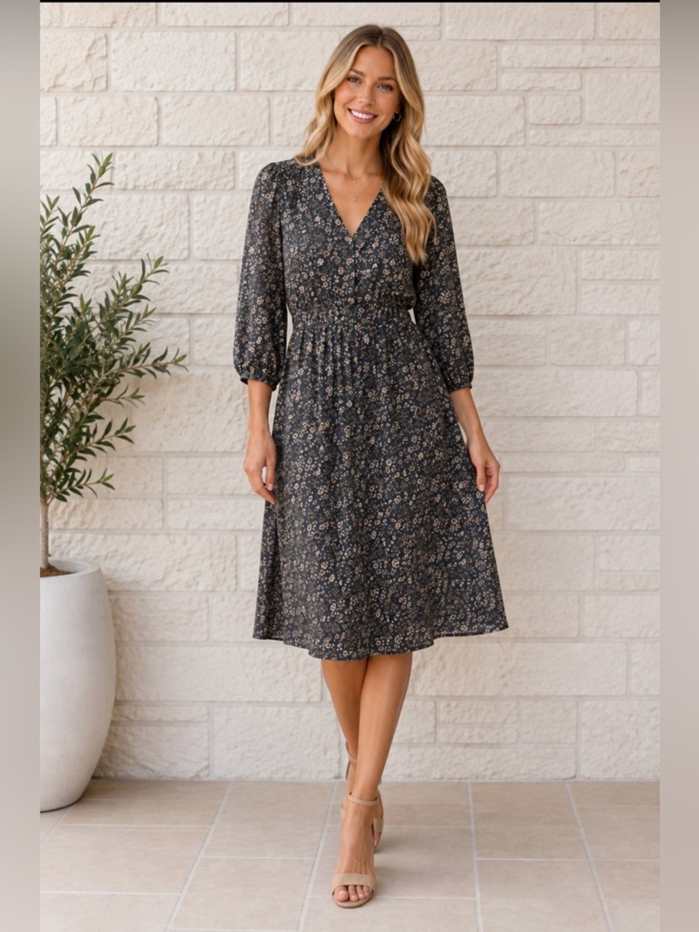 NWOT!! Mikarose Blue Floral V-Neck Midi Dress